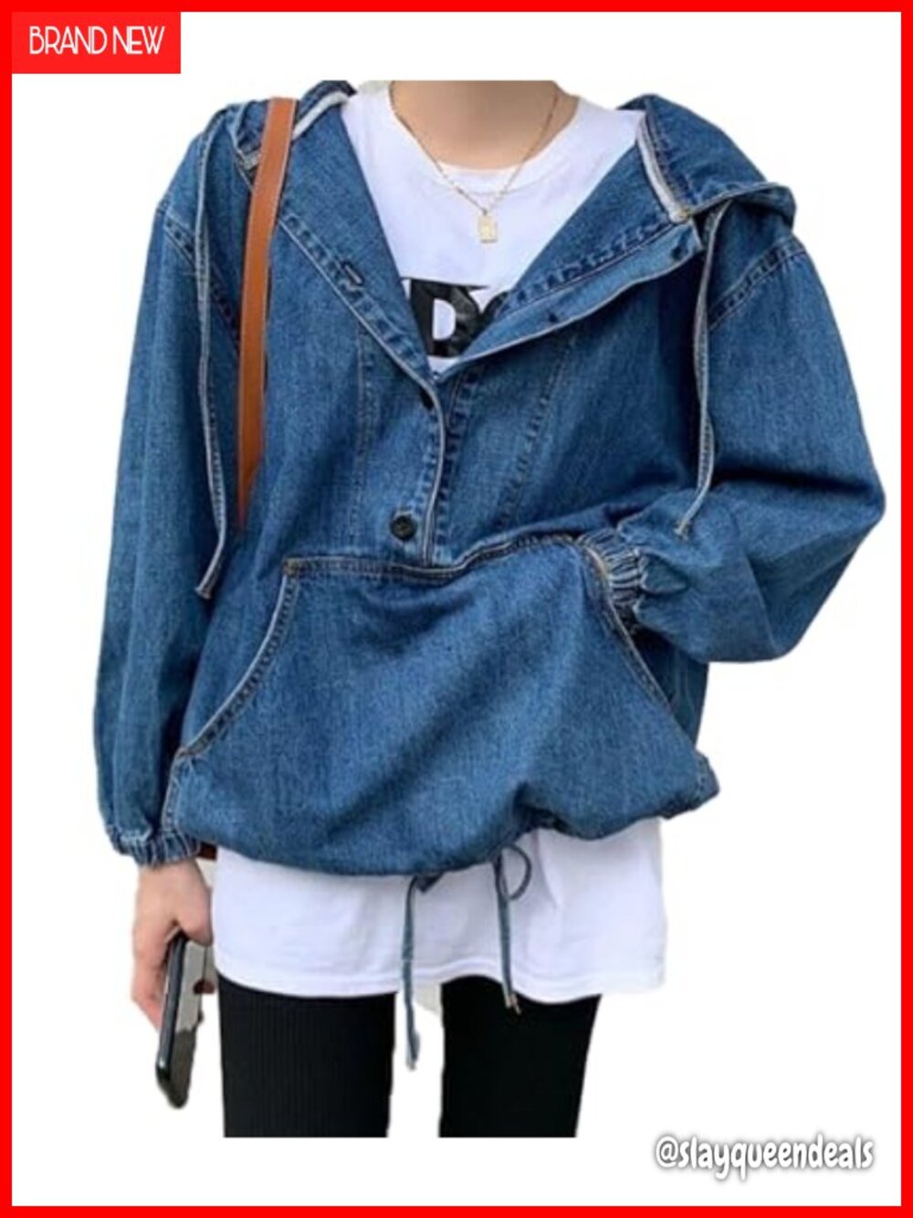 Washed Denim Hooded Jacket Button Down Loose Fit Big Pocket Casual